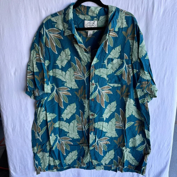 Men's Hawaiian Button-Up Shirt - Teal Tropical Leaf Print, Size 2XLT - Picture 1 of 5